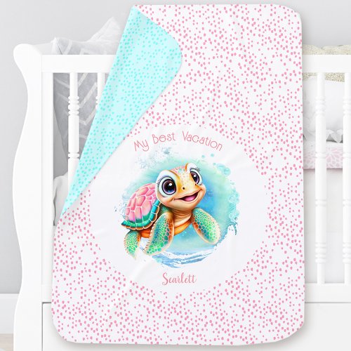 Cute Turtle Summer Pink Turquoise Name Girl Baby Blanket