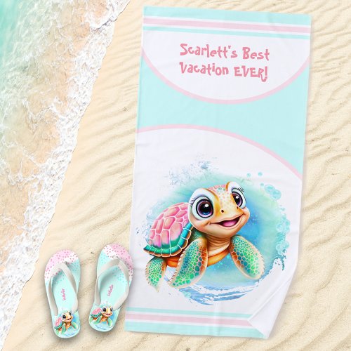 Cute Turtle Summer Vacation Name Girl  Beach Towel