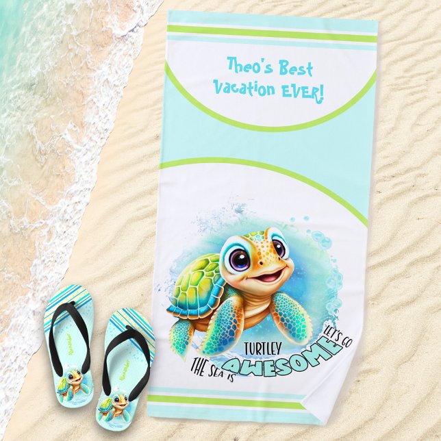 Cute Turtle Summer Vacation Personalized Boy Beach Towel (Creator Uploaded)
