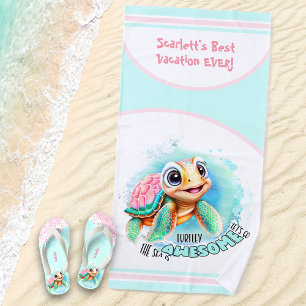 Cute Turtle Summer Vacation Personalized Girl Beach Towel