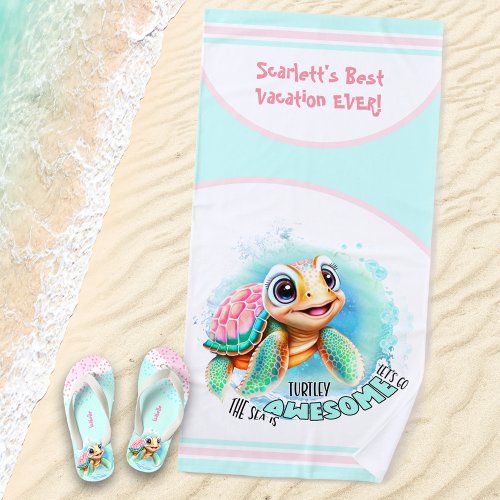 Cute Turtle Summer Vacation Personalized Girl  Beach Towel