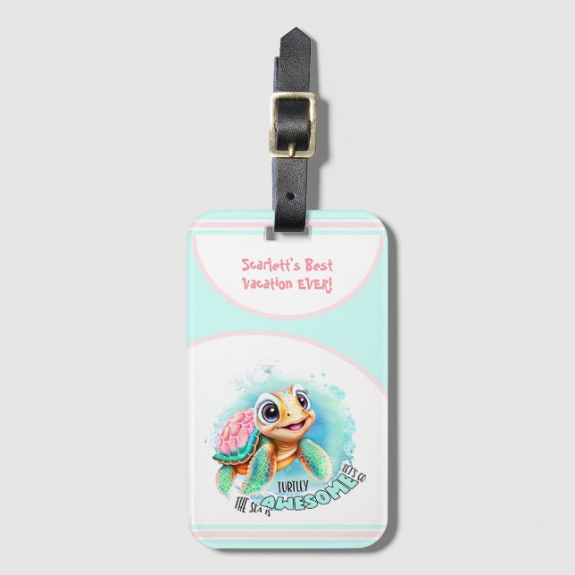 Cute Turtle Summer Vacation Personalized Girl  Luggage Tag (Front Vertical)