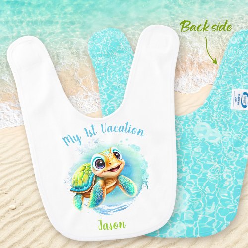 Cute Turtle Summer Vacation Personalized Name Boy  Baby Bib