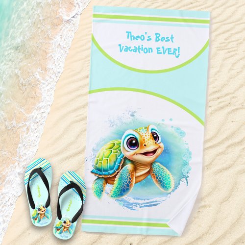 Cute Turtle Summer Vacation Personalized Name Boy Beach Towel