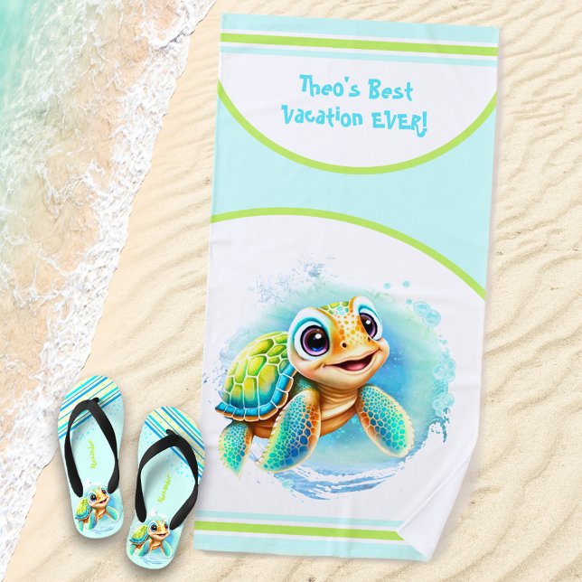 Cute Turtle Summer Vacation Personalized Name Boy Beach Towel (Creator Uploaded)