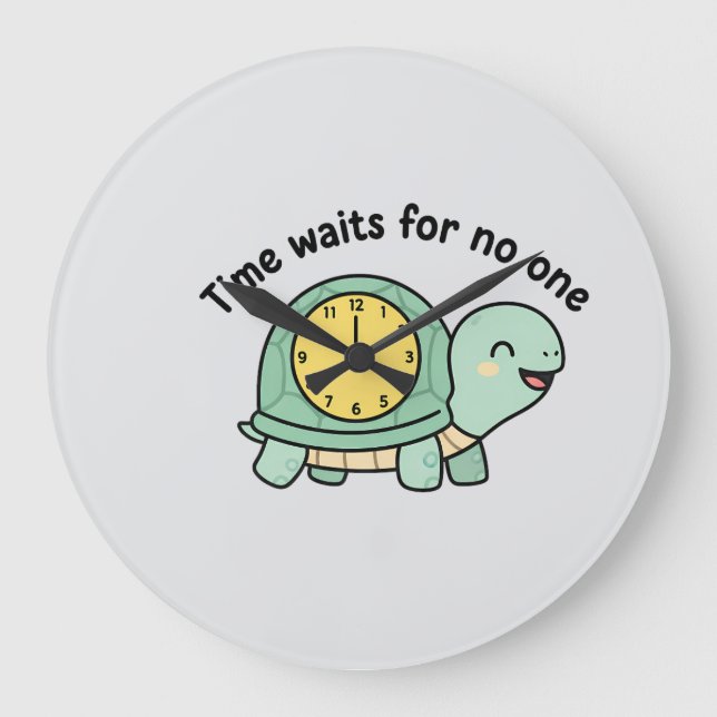 Cute Turtle "Time Waits For No One" Motivati Large Clock (Front)