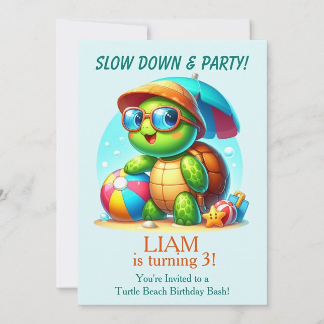 Cute Turtle Tropical Beach Birthday Invitation  (Front)