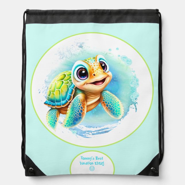 Cute Turtle Vacation Swimming Personalized Boy Drawstring Bag (Front)