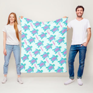 Cute turtle watercolor art custom name aqua fleece blanket