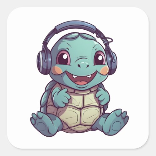 Cute Turtle Wearing Headphones Adorable Animal  Square Sticker