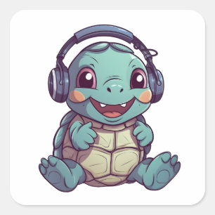 Cute Turtle Wearing Headphones Adorable Animal Square Sticker