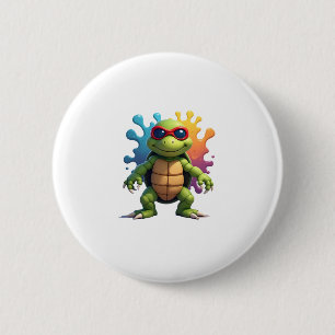Cute Turtle Wearing Sunglasses Paint Splash Sea An Button
