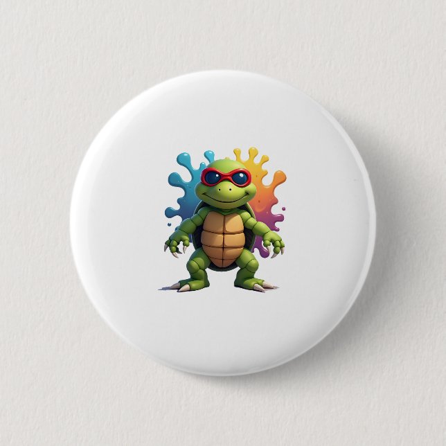 Cute Turtle Wearing Sunglasses Paint Splash Sea An Button (Front)