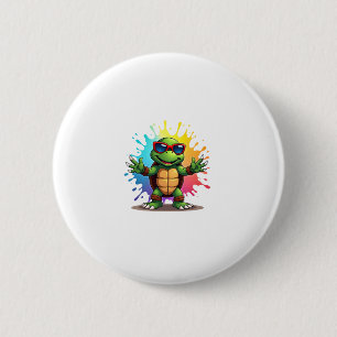 Cute Turtle Wearing Sunglasses Paint Splash Sea An Button
