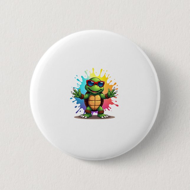 Cute Turtle Wearing Sunglasses Paint Splash Sea An Button (Front)