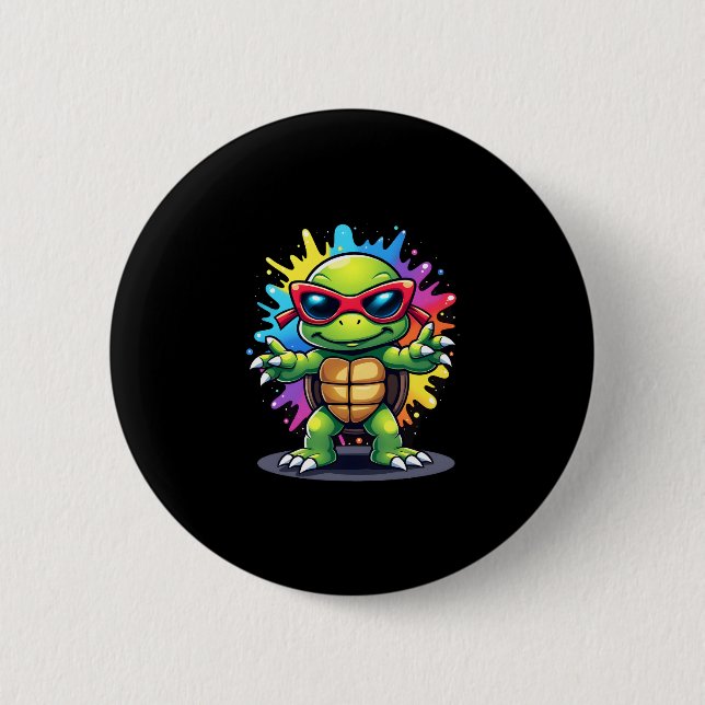 Cute Turtle Wearing Sunglasses Paint Splash Sea An Button (Front)