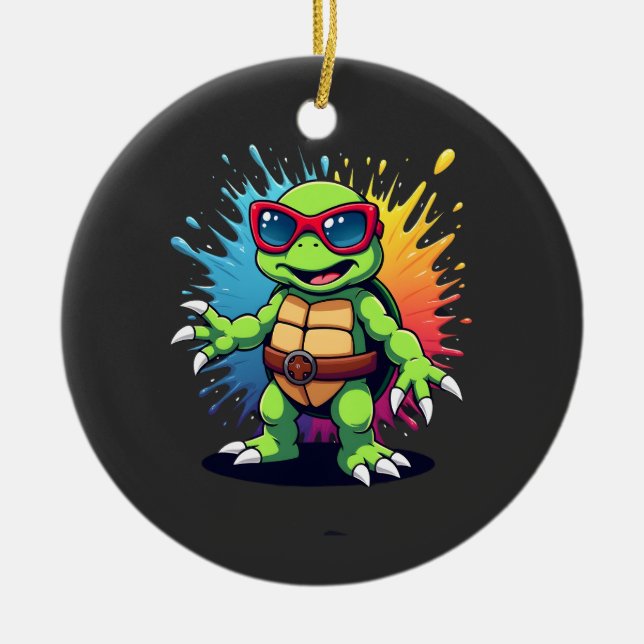 Cute Turtle Wearing Sunglasses Paint Splash Sea An Ceramic Ornament (Front)