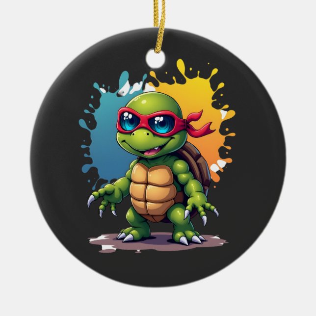 Cute Turtle Wearing Sunglasses Paint Splash Sea An Ceramic Ornament (Front)