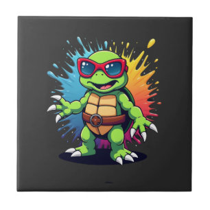 Cute Turtle Wearing Sunglasses Paint Splash Sea An Ceramic Tile
