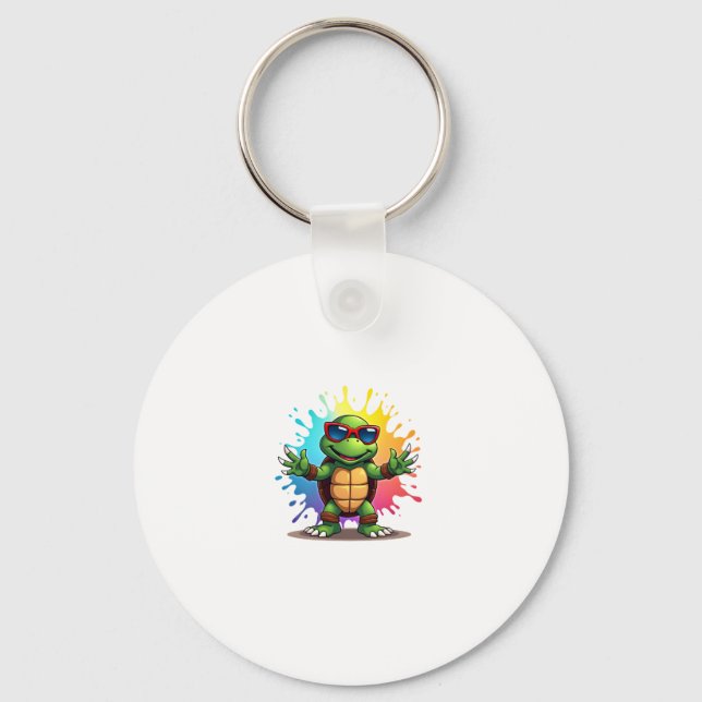 Cute Turtle Wearing Sunglasses Paint Splash Sea An Keychain (Front)