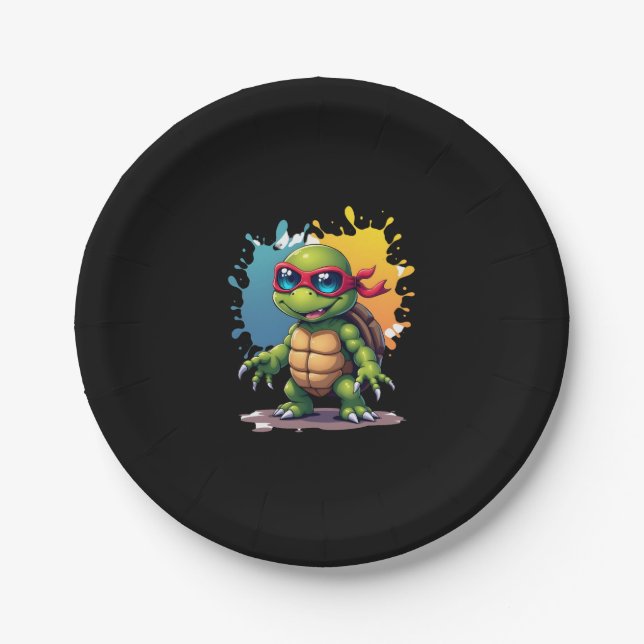 Cute Turtle Wearing Sunglasses Paint Splash Sea An Paper Plates (Front)