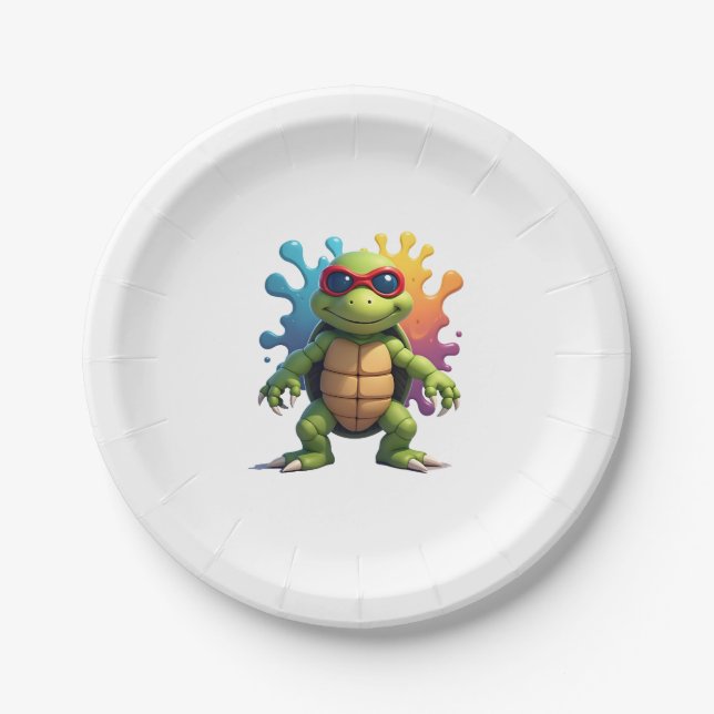 Cute Turtle Wearing Sunglasses Paint Splash Sea An Paper Plates (Front)