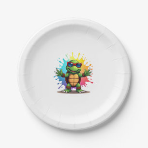 Cute Turtle Wearing Sunglasses Paint Splash Sea An Paper Plates