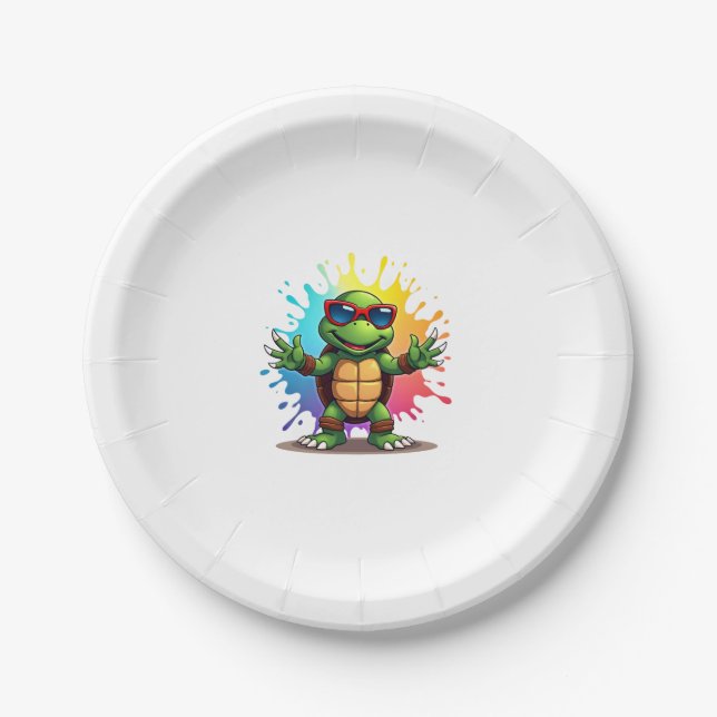 Cute Turtle Wearing Sunglasses Paint Splash Sea An Paper Plates (Front)