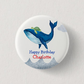 Cute turtle Whale racing ocean Birthday party Button