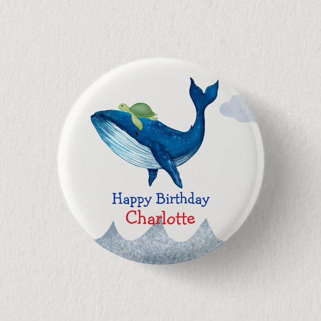 Cute turtle Whale racing  ocean Birthday party Button (Front)