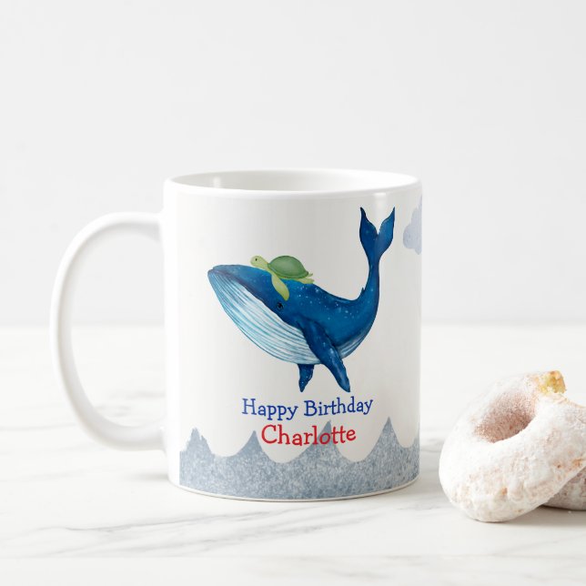 Cute turtle Whale racing  ocean Birthday party Coffee Mug (With Donut)