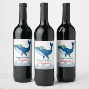 Cute turtle Whale racing ocean Birthday party Wine Label