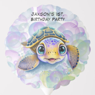 Cute Turtle with Bubbles 1st. Birthday Party Balloon