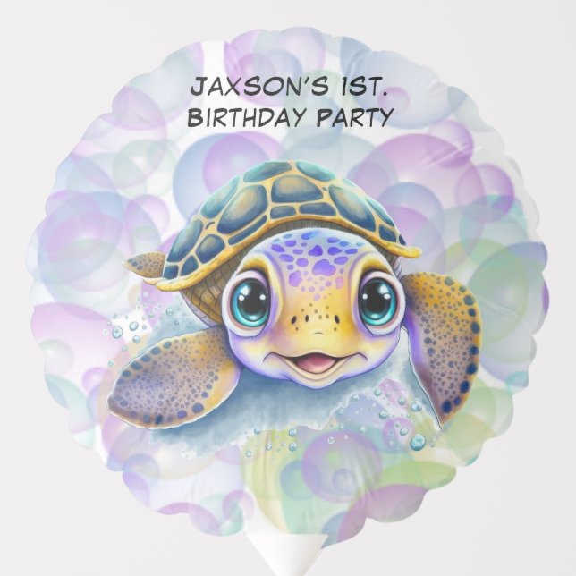 Cute Turtle with Bubbles 1st. Birthday Party Balloon (Front)