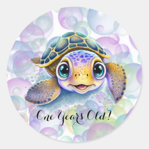 Cute Turtle with Bubbles 1st Birthday Party Classic Round Sticker