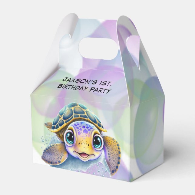 Cute Turtle with Bubbles 1st. Birthday Party Favor Boxes (Front Side)