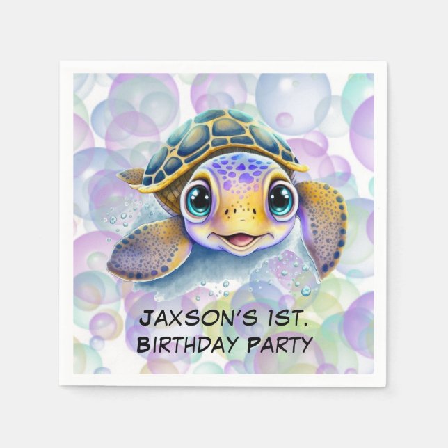 Cute Turtle with Bubbles 1st. Birthday Party Napkins (Front)