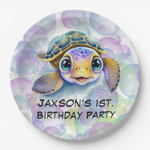 Cute Turtle with Bubbles 1st. Birthday Party Paper Plates
