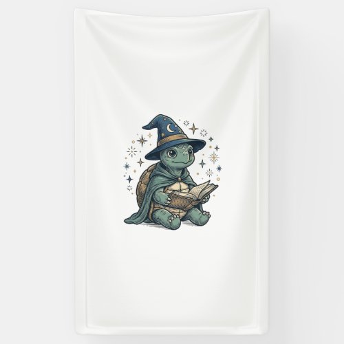 Cute Turtle Wizard Reading Spellbook Vector Design Banner