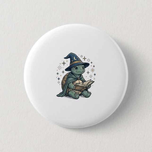 Cute Turtle Wizard Reading Spellbook Vector Design Button (Front)