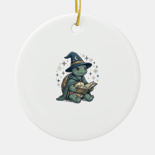Cute Turtle Wizard Reading Spellbook Vector Design Ceramic Ornament