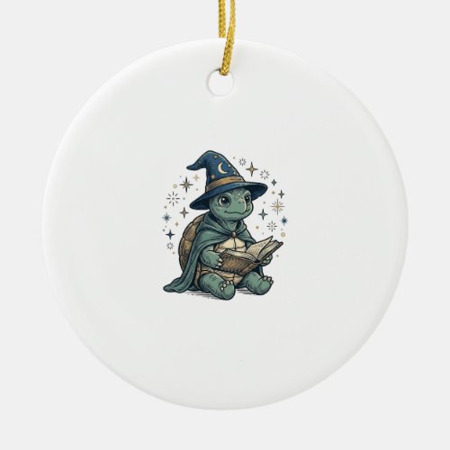Cute Turtle Wizard Reading Spellbook Vector Design Ceramic Ornament