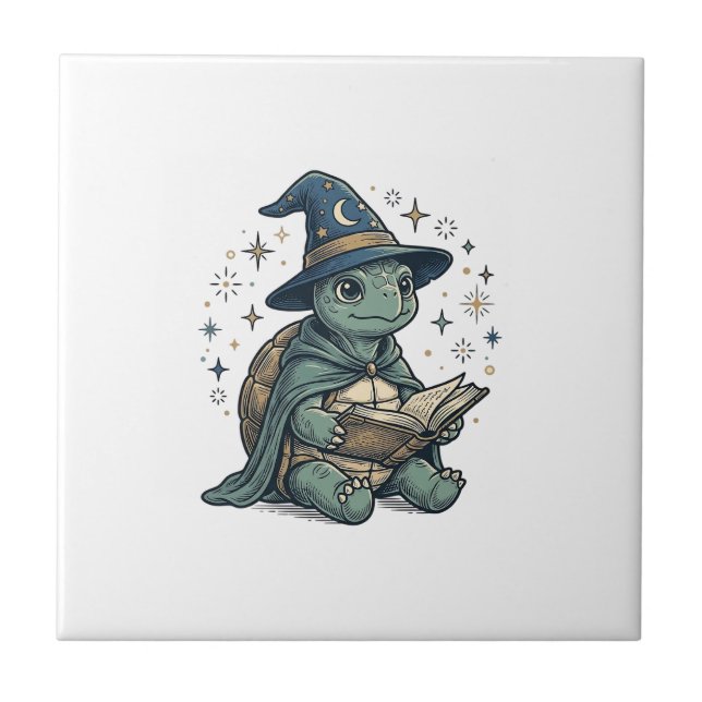 Cute Turtle Wizard Reading Spellbook Vector Design Ceramic Tile (Front)
