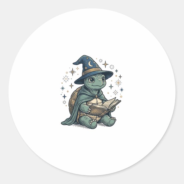 Cute Turtle Wizard Reading Spellbook Vector Design Classic Round Sticker (Front)