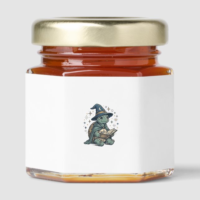 Cute Turtle Wizard Reading Spellbook Vector Design Honey Jar Favors (Front)