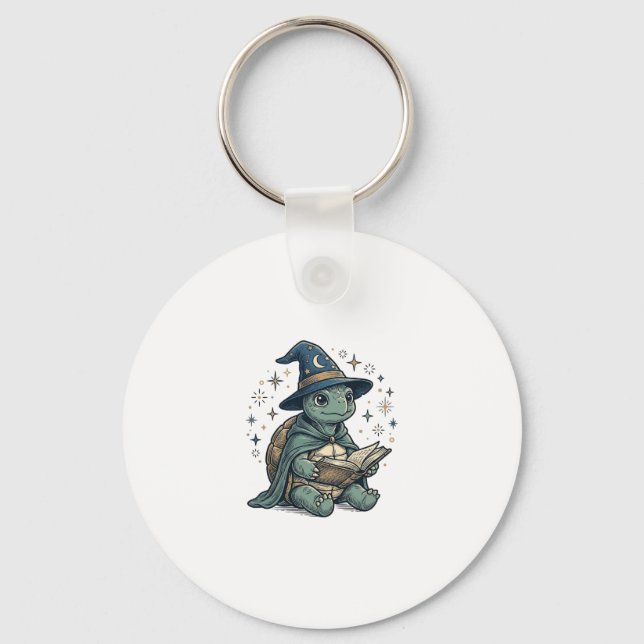 Cute Turtle Wizard Reading Spellbook Vector Design Keychain (Front)