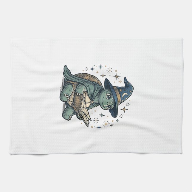 Cute Turtle Wizard Reading Spellbook Vector Design Kitchen Towel (Horizontal)