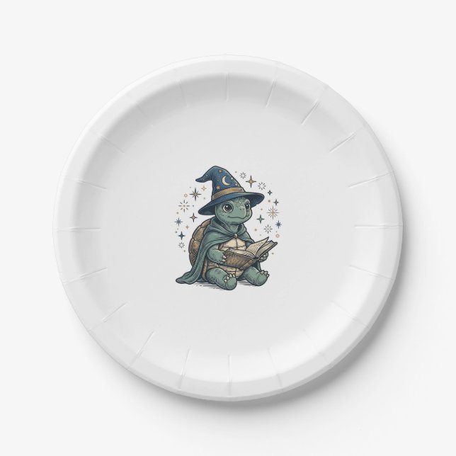 Cute Turtle Wizard Reading Spellbook Vector Design Paper Plates (Front)