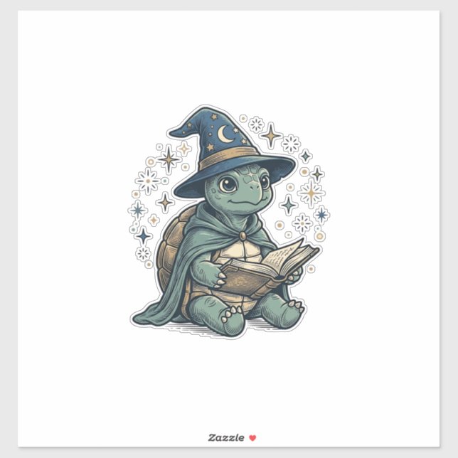 Cute Turtle Wizard Reading Spellbook Vector Design Sticker (Sheet)