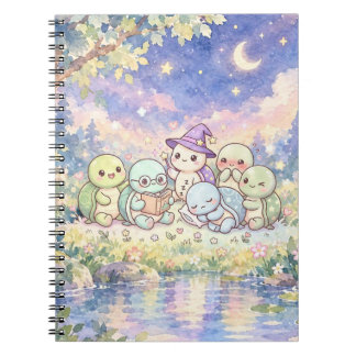 Cute Turtles in Moonlit Garden Spiral Notebook